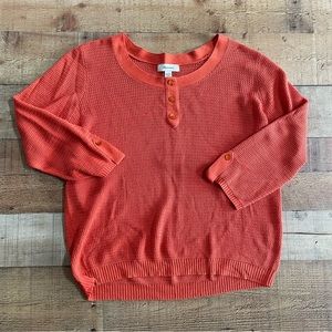 Facconable 100% Silk Crochet Knit Wide Neck Henley Sweater Sienna Orange LARGE